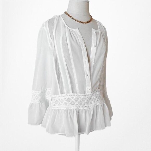 Candela White Sheer Lace Button Down Bell Sleeve Peplum Blouse Top Size XS - Picture 5 of 8